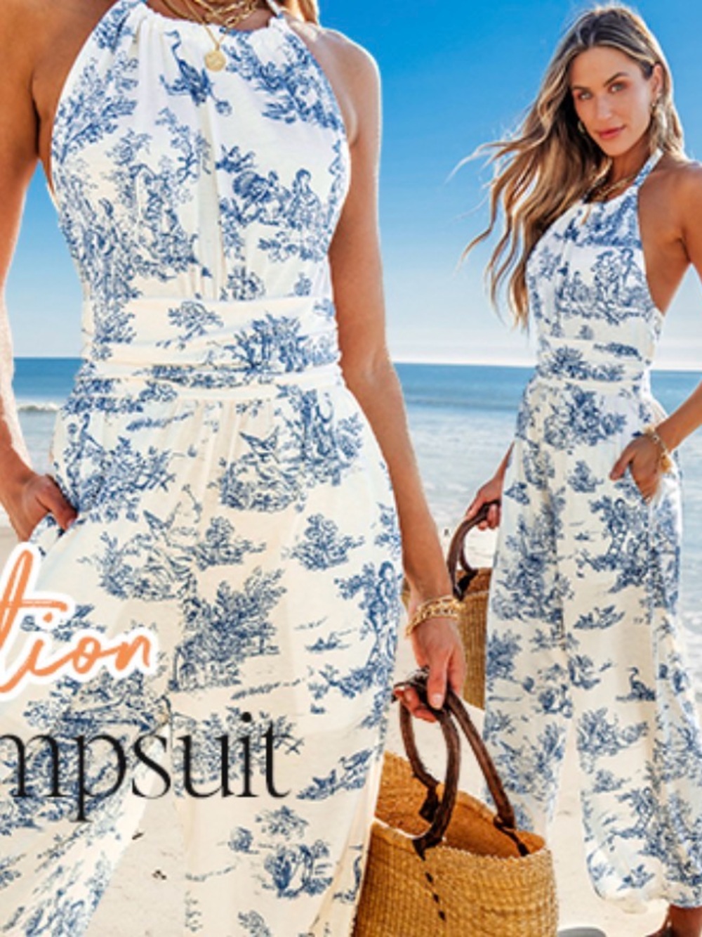 L&B Cream Jumpsuit with Blue Toile Print